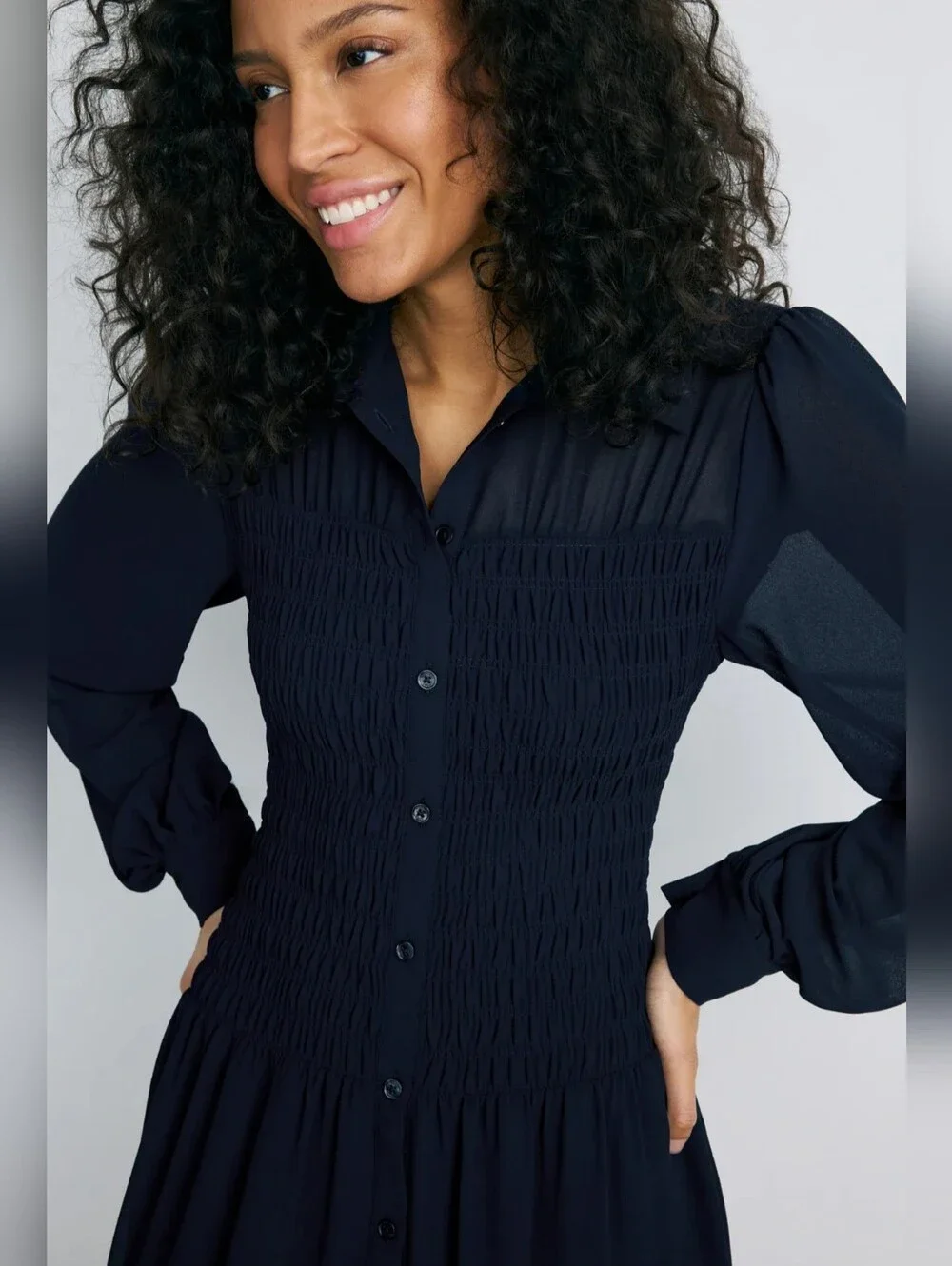 Michael Kors Navy Smocked Button Down Shirt Dress Women Size M